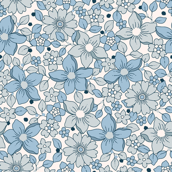 dusty blue, soft pink, cream, floral pattern, boho flowers, five-petal blooms, small blossoms, leaves, botanical design, retro style, groovy aesthetic, seamless repeat,, fabric panel, vintage inspired, whimsical flowers, delicate petals, nature motifs, crafting material, bohemian style