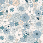 blue flowers, pale pink, teal, dusty blue, floral pattern, boho style, groovy design, retro flowers, daisies, cosmos flowers,, fabric panel, vintage inspired, 1970s style, flower power, bohemian, soft pastels, decorative blooms, crafting fabric, sewing material