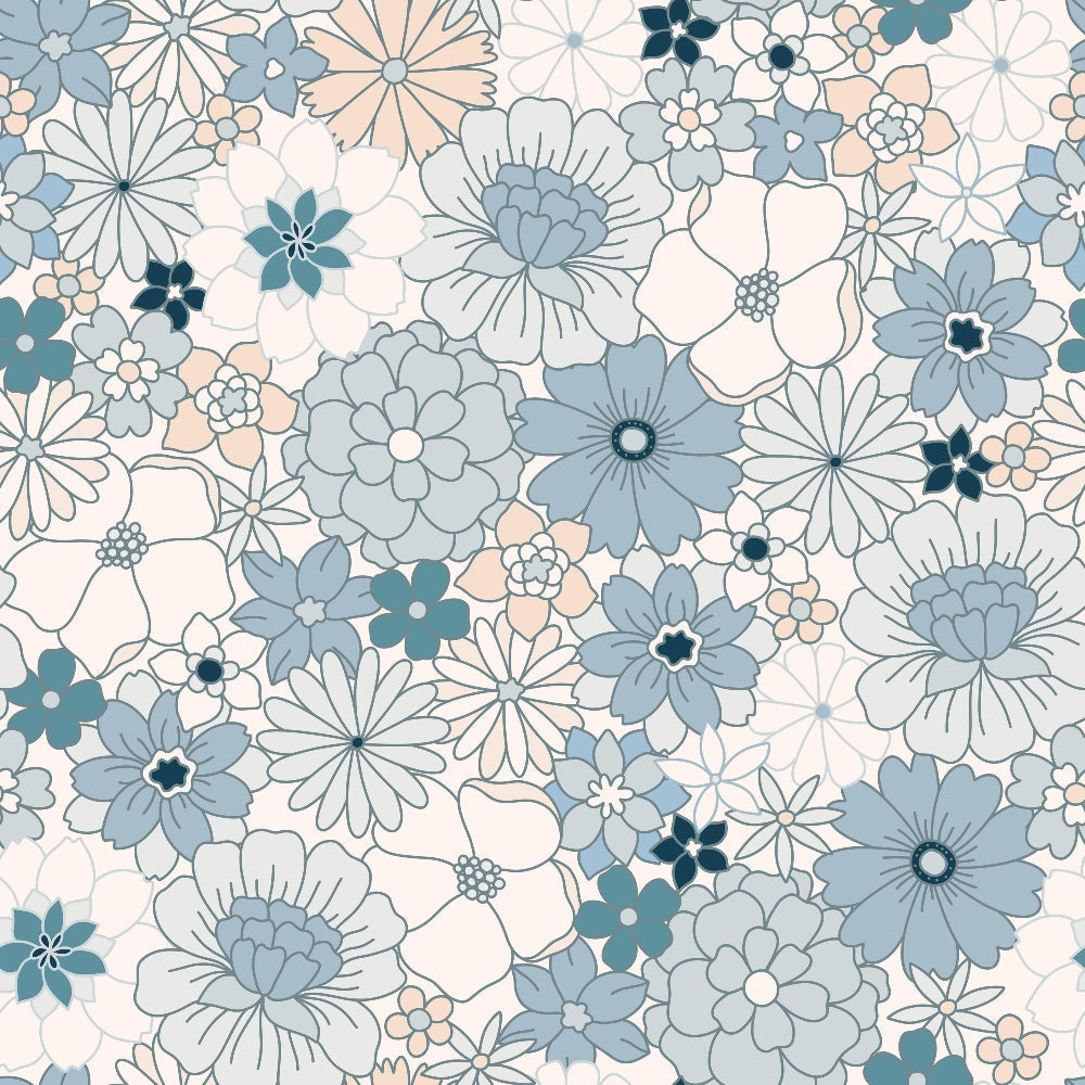 blue flowers, pale pink, teal, dusty blue, floral pattern, boho style, groovy design, retro flowers, daisies, cosmos flowers,, fabric panel, vintage inspired, 1970s style, flower power, bohemian, soft pastels, decorative blooms, crafting fabric, sewing material