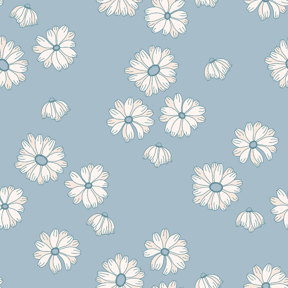 powder blue, soft pink, daisy flowers, floral pattern, boho style, groovy design, retro aesthetic, scattered blooms,, fabric panel, pastel colors, botanical motifs, flower petals, dreamy mood, vintage inspired, crafting material, sewing fabric, bohemian vibe, feminine design, spring florals