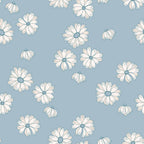 powder blue, soft pink, daisy flowers, floral pattern, boho style, groovy design, retro aesthetic, scattered blooms,, fabric panel, pastel colors, botanical motifs, flower petals, dreamy mood, vintage inspired, crafting material, sewing fabric, bohemian vibe, feminine design, spring florals