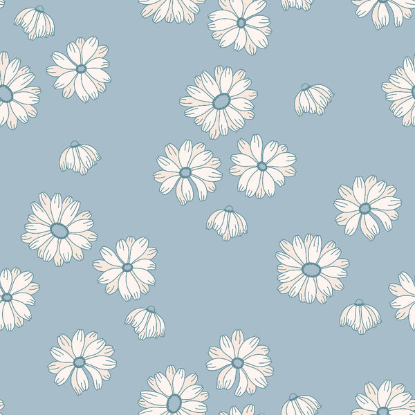 powder blue, soft pink, daisy flowers, floral pattern, boho style, groovy design, retro aesthetic, scattered blooms,, fabric panel, pastel colors, botanical motifs, flower petals, dreamy mood, vintage inspired, crafting material, sewing fabric, bohemian vibe, feminine design, spring florals