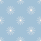 light blue, powder blue, cream, white, starburst pattern, sunburst design, radiating lines, geometric motifs, retro style, groovy aesthetic, boho pattern, scattered placement, repeating design,, fabric panel, mid-century modern, celestial inspired, abstract suns, peaceful mood, soft palette
