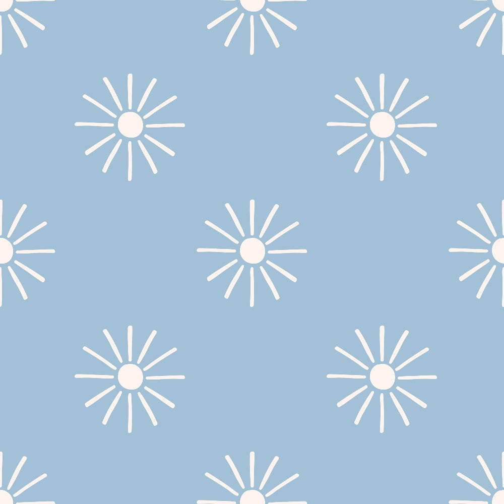 light blue, powder blue, cream, white, starburst pattern, sunburst design, radiating lines, geometric motifs, retro style, groovy aesthetic, boho pattern, scattered placement, repeating design,, fabric panel, mid-century modern, celestial inspired, abstract suns, peaceful mood, soft palette
