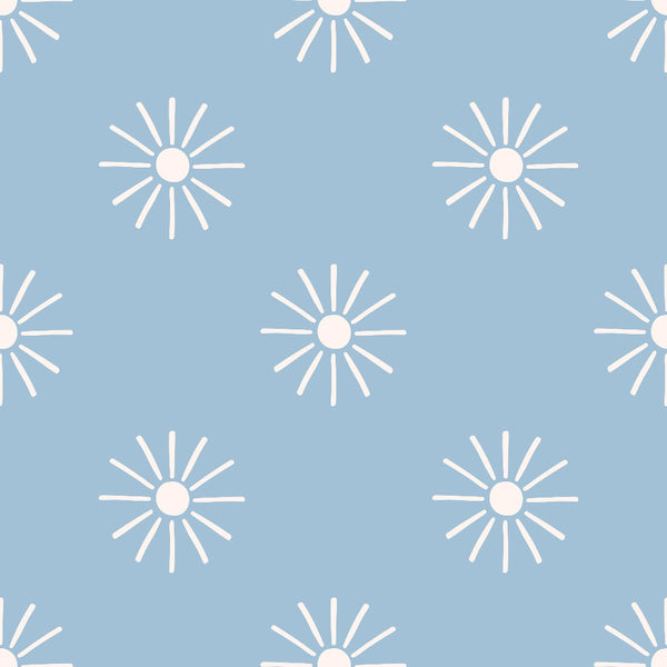 light blue, powder blue, cream, white, starburst pattern, sunburst design, radiating lines, geometric motifs, retro style, groovy aesthetic, boho pattern, scattered placement, repeating design,, fabric panel, mid-century modern, celestial inspired, abstract suns, peaceful mood, soft palette