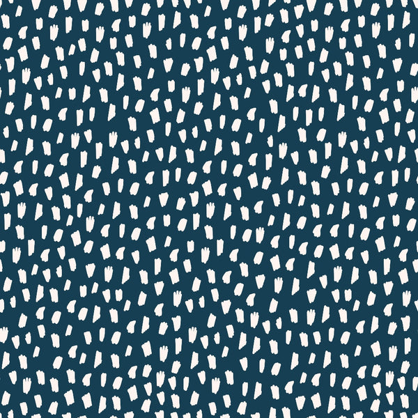 navy blue, cream white, abstract spots, dotted pattern, organic shapes, brushstroke marks, modern boho, scattered design, irregular dots, contemporary style,, fabric panel, artistic pattern, hand-painted look, trendy bohemian, speckled texture, random placement, geometric abstract, crafting material, stylish design