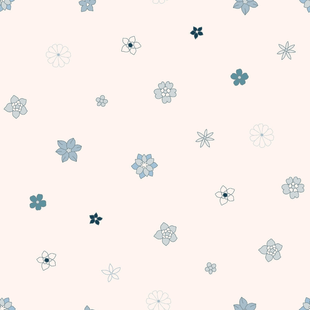 blue flowers, pale pink background, floral pattern, boho style,, fabric panel, delicate blooms, scattered flowers, soft pastels, teal accents, navy flowers, white flowers, ditsy floral, groovy design, craft fabric, sewing material, feminine pattern, spring florals, bohemian aesthetic