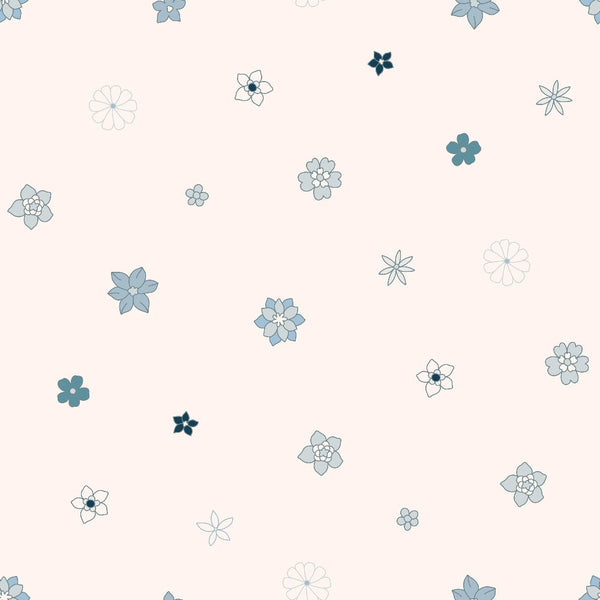 blue flowers, pale pink background, floral pattern, boho style,, fabric panel, delicate blooms, scattered flowers, soft pastels, teal accents, navy flowers, white flowers, ditsy floral, groovy design, craft fabric, sewing material, feminine pattern, spring florals, bohemian aesthetic