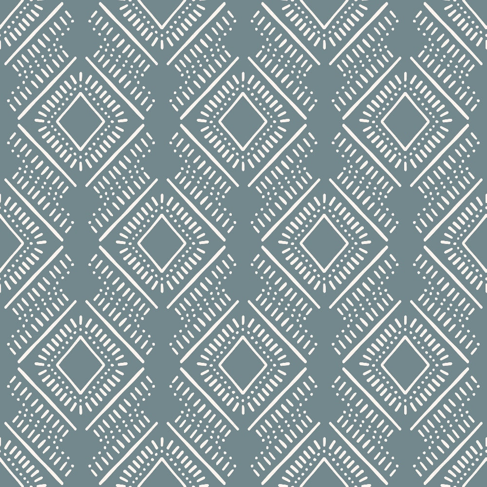 sage green, dusty blue, white, geometric pattern, diamond motifs, boho design, tribal pattern, repetitive design, decorative lines, dots,, fabric panel, bohemian style, earthy tones, muted colors, intricate details, southwestern influence, ethnic pattern, crafting fabric, contemporary boho