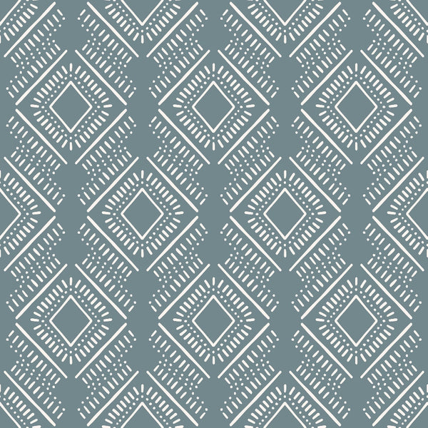 sage green, dusty blue, white, geometric pattern, diamond motifs, boho design, tribal pattern, repetitive design, decorative lines, dots,, fabric panel, bohemian style, earthy tones, muted colors, intricate details, southwestern influence, ethnic pattern, crafting fabric, contemporary boho