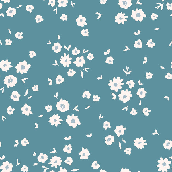 teal blue, dusty blue, cream white, floral pattern, scattered flowers, daisy motifs, small blooms, floating petals, boho style, groovy design, retro aesthetic, whimsical mood,, fabric panel, ditsy print, organic shapes, soft pastels, vintage inspired, bohemian vibes, nature motifs