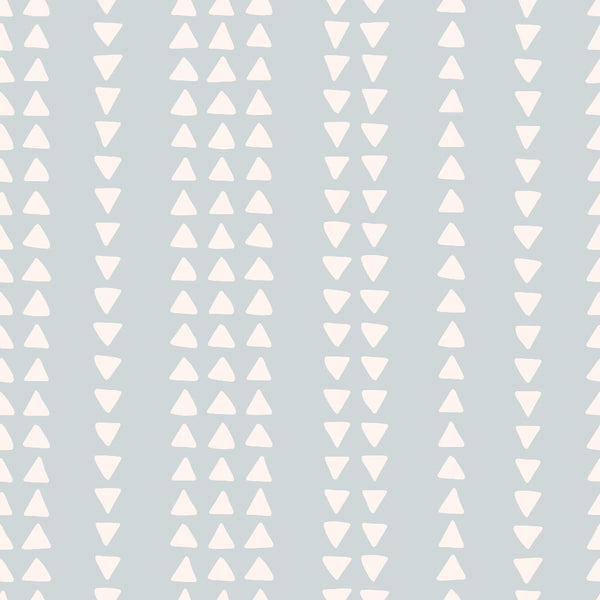 sage green, pale pink, cream, triangular pattern, geometric design, upward triangles, downward triangles, alternating triangles, minimalist pattern, modern geometric,, fabric panel, boho style, contemporary design, soft pastels, repeating motifs, craft fabric, sewing material, triangle tessellation
