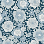 groovy blue, boho pattern, floral design, navy background, light blue flowers, white blossoms, botanical motif, retro style, vintage floral,, fabric panel, large blooms, small flowers, leaves, nature inspired, bohemian aesthetic, ditsy print, coordinating colors, crafting material, sewing fabric