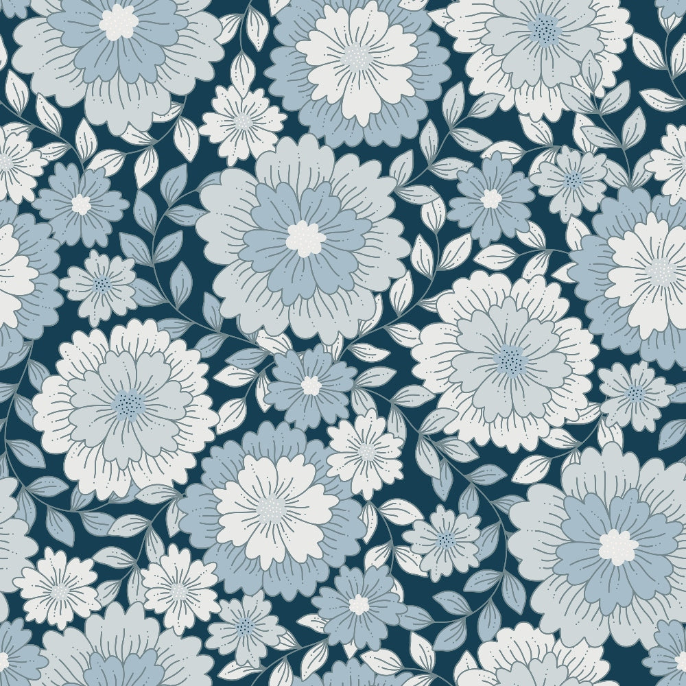 groovy blue, boho pattern, floral design, navy background, light blue flowers, white blossoms, botanical motif, retro style, vintage floral,, fabric panel, large blooms, small flowers, leaves, nature inspired, bohemian aesthetic, ditsy print, coordinating colors, crafting material, sewing fabric