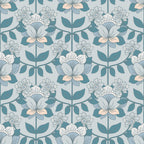 teal, sage green, peach, gray, floral pattern, boho flowers, stylized blooms, leaves, stems, repeating pattern, groovy style, retro design, botanical motif,, fabric panel, bohemian, vintage inspired, folk art flowers, decorative florals, muted tones