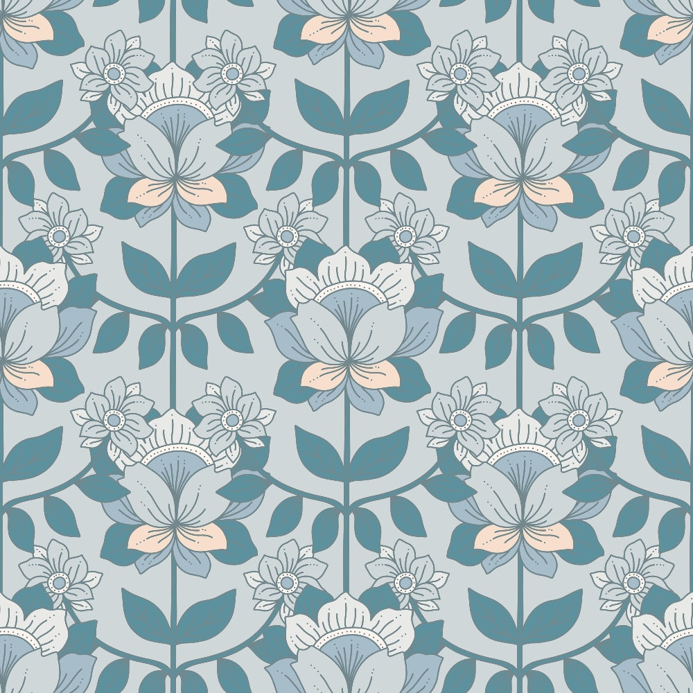 teal, sage green, peach, gray, floral pattern, boho flowers, stylized blooms, leaves, stems, repeating pattern, groovy style, retro design, botanical motif,, fabric panel, bohemian, vintage inspired, folk art flowers, decorative florals, muted tones