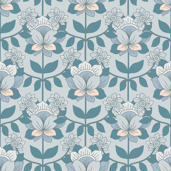 teal, sage green, peach, gray, floral pattern, boho flowers, stylized blooms, leaves, stems, repeating pattern, groovy style, retro design, botanical motif,, fabric panel, bohemian, vintage inspired, folk art flowers, decorative florals, muted tones