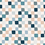 teal, navy blue, peach, sage green, light blue, cream, rounded squares, geometric pattern, mosaic tiles, boho style, retro design, groovy aesthetic,, fabric panel, earthy tones, modern geometric, soft pastels, seventies inspired, bohemian vibe, abstract squares
