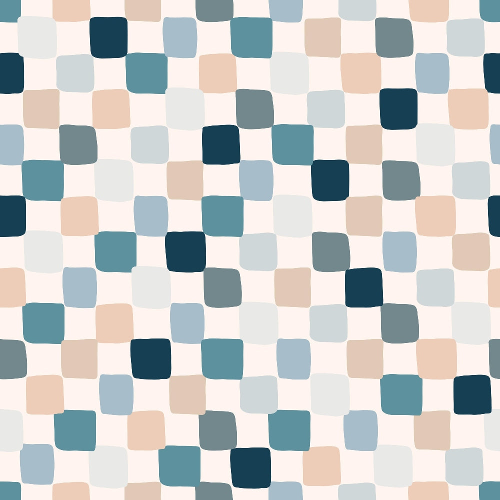 teal, navy blue, peach, sage green, light blue, cream, rounded squares, geometric pattern, mosaic tiles, boho style, retro design, groovy aesthetic,, fabric panel, earthy tones, modern geometric, soft pastels, seventies inspired, bohemian vibe, abstract squares