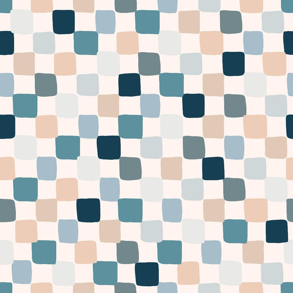 teal, navy blue, peach, sage green, light blue, cream, rounded squares, geometric pattern, mosaic tiles, boho style, retro design, groovy aesthetic,, fabric panel, earthy tones, modern geometric, soft pastels, seventies inspired, bohemian vibe, abstract squares