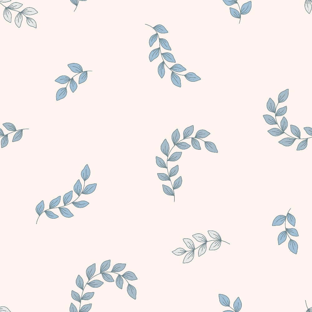 blue leaves, botanical pattern, leaf branches, soft pink background, dusty blue, delicate foliage, scattered leaves, nature motif,, fabric panel, boho style, organic design, botanical print, leaf stems, gentle pattern, crafting fabric, sewing material, pastel colors, natural elements, flowing branches