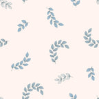 blue leaves, botanical pattern, leaf branches, soft pink background, dusty blue, delicate foliage, scattered leaves, nature motif,, fabric panel, boho style, organic design, botanical print, leaf stems, gentle pattern, crafting fabric, sewing material, pastel colors, natural elements, flowing branches