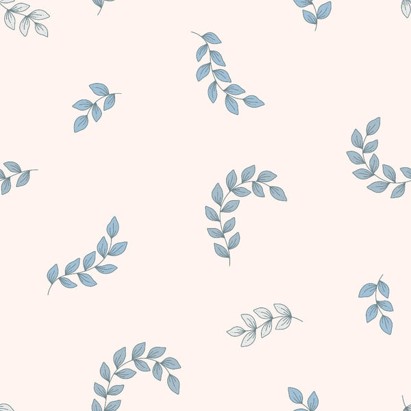blue leaves, botanical pattern, leaf branches, soft pink background, dusty blue, delicate foliage, scattered leaves, nature motif,, fabric panel, boho style, organic design, botanical print, leaf stems, gentle pattern, crafting fabric, sewing material, pastel colors, natural elements, flowing branches