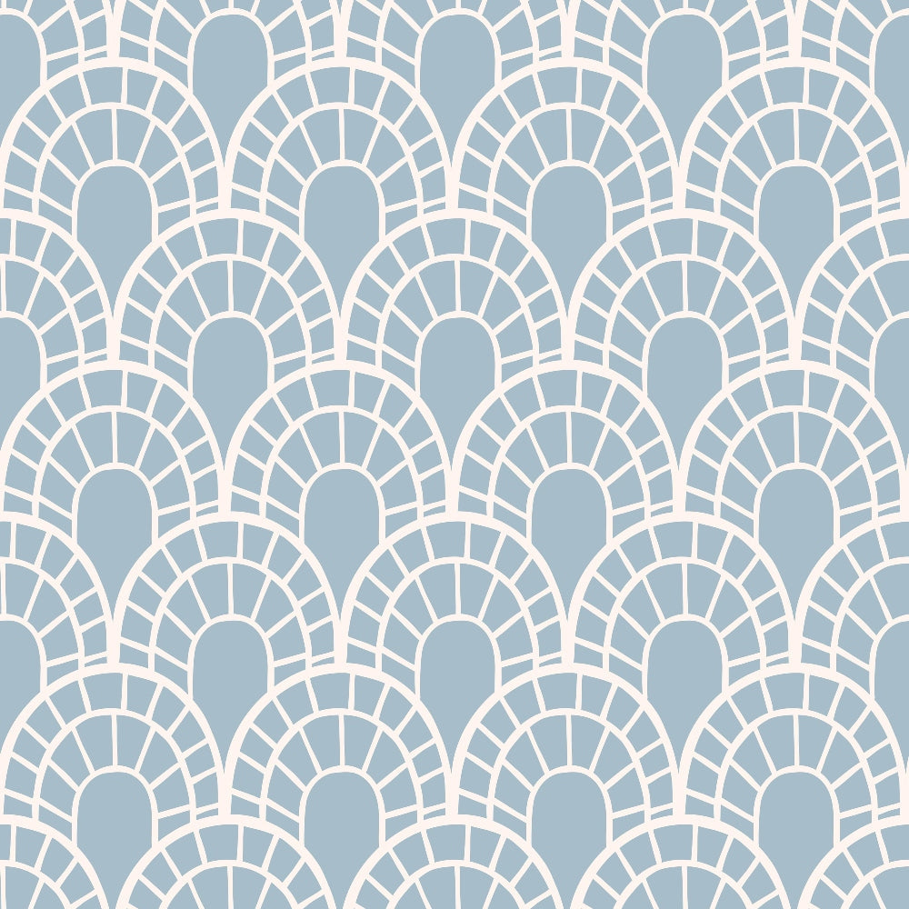 powder blue, cream white, fan pattern, scalloped design, art deco style, geometric motif, repeating pattern, bohemian design, retro inspired,, fabric panel, soft pastels, overlapping fans, vintage aesthetic, groovy pattern, boho chic, cotton fabric, crafting material