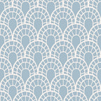 powder blue, cream white, fan pattern, scalloped design, art deco style, geometric motif, repeating pattern, bohemian design, retro inspired,, fabric panel, soft pastels, overlapping fans, vintage aesthetic, groovy pattern, boho chic, cotton fabric, crafting material