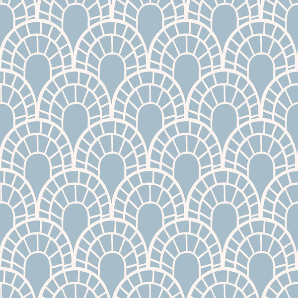powder blue, cream white, fan pattern, scalloped design, art deco style, geometric motif, repeating pattern, bohemian design, retro inspired,, fabric panel, soft pastels, overlapping fans, vintage aesthetic, groovy pattern, boho chic, cotton fabric, crafting material