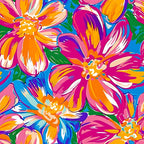 groovy, hippie, psychedelic flowers, bright orange, hot pink, magenta, electric blue, lime green, white, purple, floral pattern, large blooms, retro style, 1960s inspired, vibrant colors,, fabric panel, bohemian, flower power, tropical florals, abstract petals