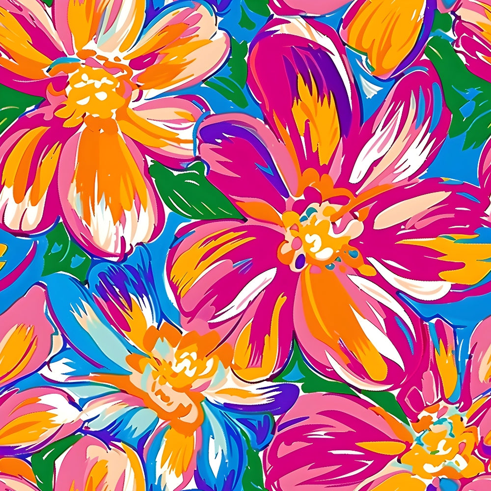 groovy, hippie, psychedelic flowers, bright orange, hot pink, magenta, electric blue, lime green, white, purple, floral pattern, large blooms, retro style, 1960s inspired, vibrant colors,, fabric panel, bohemian, flower power, tropical florals, abstract petals