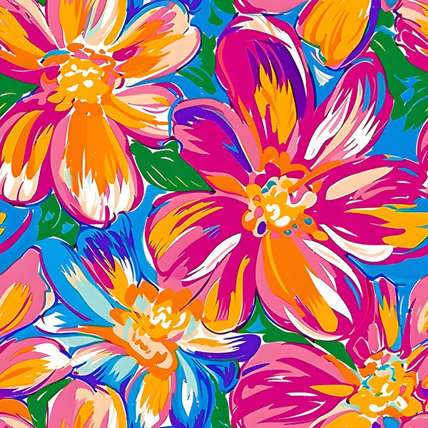 groovy, hippie, psychedelic flowers, bright orange, hot pink, magenta, electric blue, lime green, white, purple, floral pattern, large blooms, retro style, 1960s inspired, vibrant colors,, fabric panel, bohemian, flower power, tropical florals, abstract petals