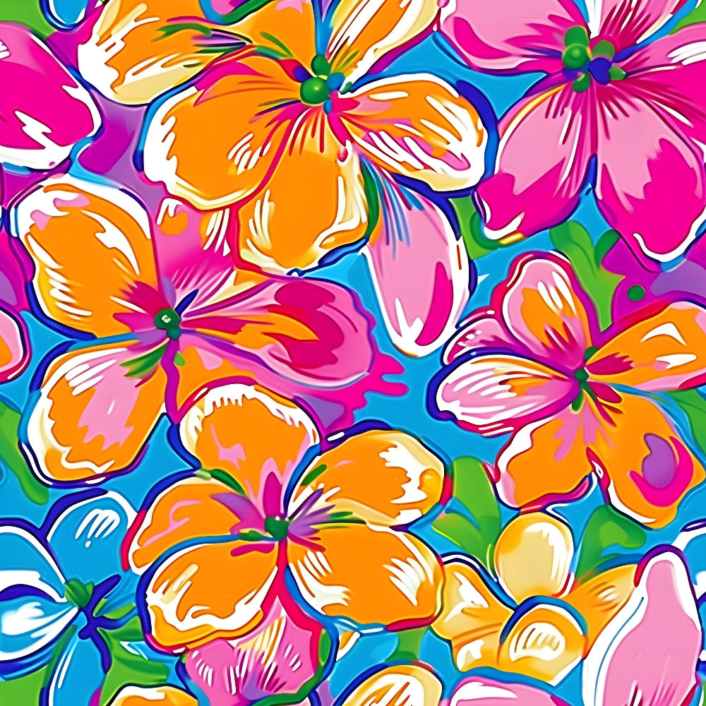 groovy, hippie, psychedelic, retro, 1960s, 1970s, vibrant colors, hot pink, bright orange, turquoise blue, lime green, white, floral pattern, large flowers, hibiscus, tropical blooms, overlapping petals, colorful centers, seamless repeat,, fabric panel, bohemian style, flower power, summer vibes, tropical theme