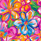 vibrant pink, bright orange, electric blue, lime green, white accents, tropical flowers, hibiscus blooms, abstract florals, psychedelic style, groovy pattern, retro sixties, hippie aesthetic, bold colors, flowing petals, artistic brushstrokes,, fabric panel, summer vibes, flower power, colorful botanical