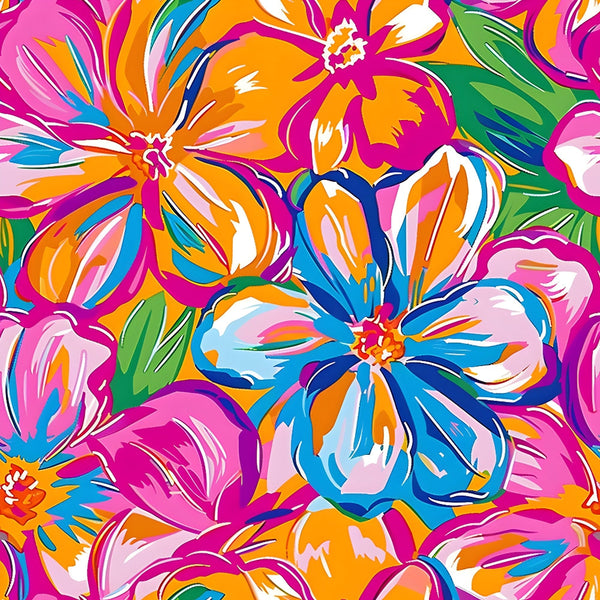 vibrant pink, bright orange, electric blue, lime green, white accents, tropical flowers, hibiscus blooms, abstract florals, psychedelic style, groovy pattern, retro sixties, hippie aesthetic, bold colors, flowing petals, artistic brushstrokes,, fabric panel, summer vibes, flower power, colorful botanical