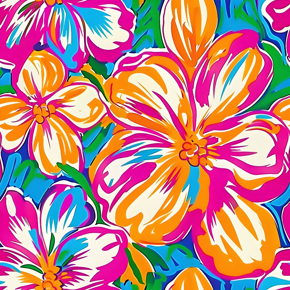 vibrant flowers, tropical hibiscus, hot pink, bright orange, turquoise blue, lime green, cream white, groovy pattern, psychedelic design, retro style, 1960s inspired, flower power, hippie aesthetic,, fabric panel, floral motifs, summer vibes, bohemian style, colorful blooms, artistic florals