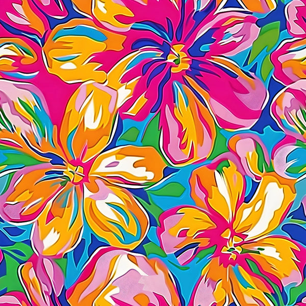 vibrant floral, tropical flowers, hibiscus blooms, hot pink, bright orange, electric blue, lime green, coral pink, psychedelic pattern, groovy style, 1960s inspired, retro design, flowing petals, abstract florals,, fabric panel, summer vibes, colorful blooms, hippie aesthetic, flower power