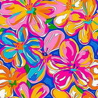 groovy, hippie, psychedelic, tropical flowers, hibiscus, bright pink, electric blue, orange, yellow, turquoise, white, retro style, 1960s inspired, floral pattern, vibrant colors, summer vibes, bohemian,, fabric panel, tie-dye effect