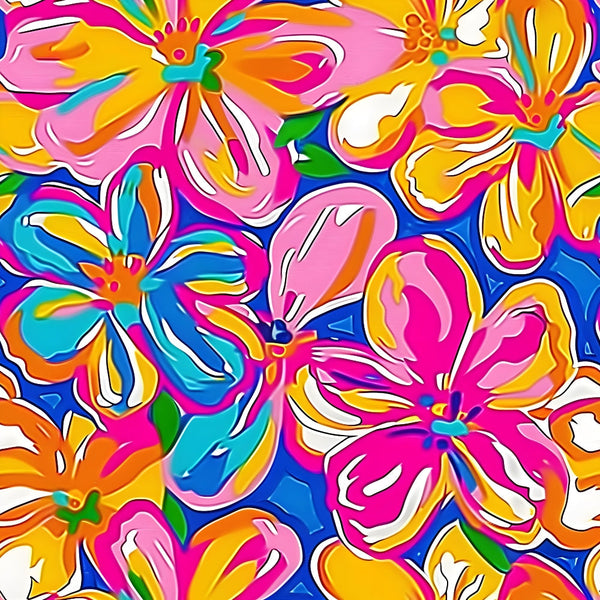 groovy, hippie, psychedelic, tropical flowers, hibiscus, bright pink, electric blue, orange, yellow, turquoise, white, retro style, 1960s inspired, floral pattern, vibrant colors, summer vibes, bohemian,, fabric panel, tie-dye effect