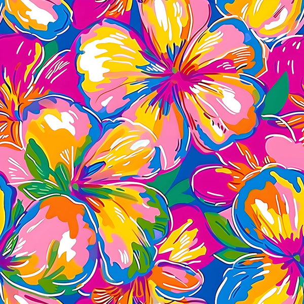 bright pink, vibrant orange, electric blue, sunny yellow, lime green, white accents, tropical flowers, hibiscus blooms, floral pattern, groovy style, psychedelic design, retro aesthetic, 1960s inspired, hippie motif, abstract florals, bold colors,, fabric panel, summer vibes, flower power