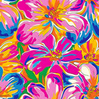 vibrant pink, electric blue, bright orange, sunshine yellow, tropical flowers, hibiscus blooms, psychedelic pattern, groovy style, retro sixties, flower power, bold florals,, fabric panel, hippie aesthetic, neon colors, oversized blooms, summer vibes, tropical paradise, mod floral, kaleidoscope colors
