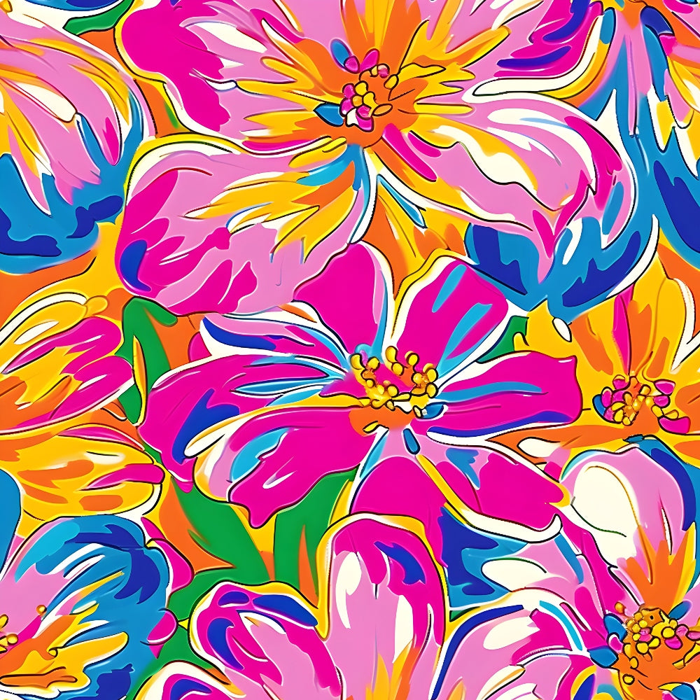vibrant pink, electric blue, bright orange, sunshine yellow, tropical flowers, hibiscus blooms, psychedelic pattern, groovy style, retro sixties, flower power, bold florals,, fabric panel, hippie aesthetic, neon colors, oversized blooms, summer vibes, tropical paradise, mod floral, kaleidoscope colors