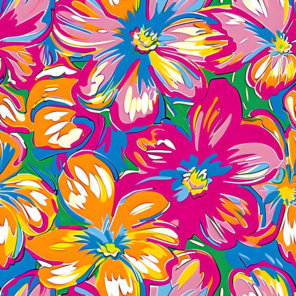 vibrant floral, tropical flowers, hibiscus blooms, hot pink, bright orange, electric blue, lime green, yellow accents, psychedelic style, retro pattern, groovy design, hippie aesthetic, bold colors, large scale print,, fabric panel, summer vibes, tropical theme, flower power, sixties inspired
