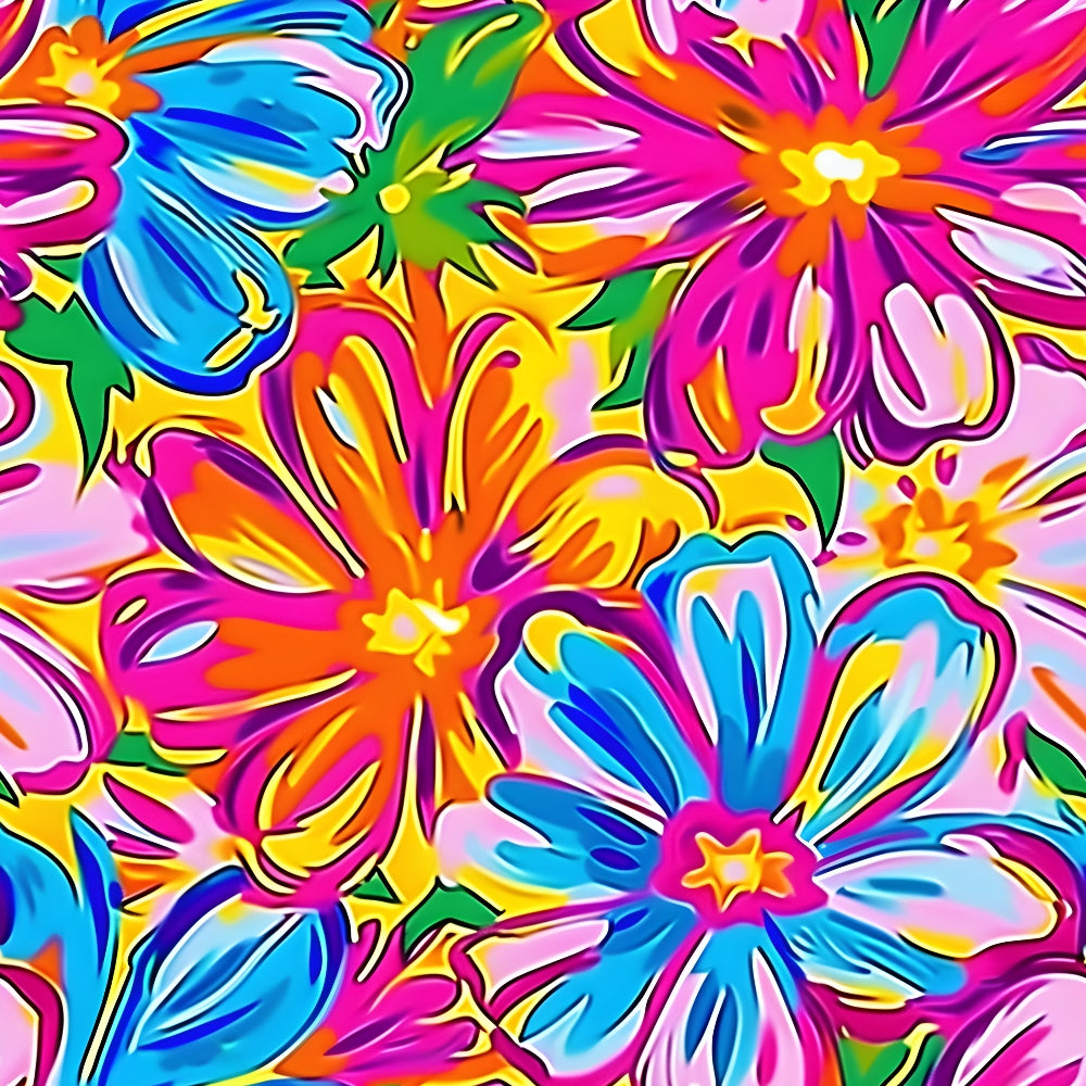 groovy, hippie, psychedelic flowers, bright pink, electric blue, vibrant orange, neon yellow, hot magenta, lime green, floral pattern, retro blooms, 1960s style, flower power, kaleidoscope colors, tie-dye effect, groovy petals,, fabric panel, bohemian, peace era, rainbow florals, psychedelic art, mod flowers, swirling petals
