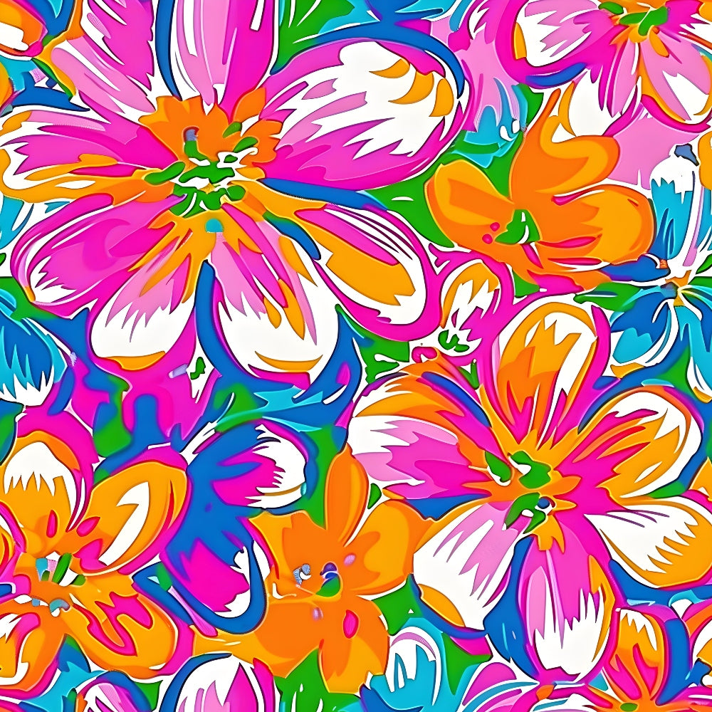 groovy hippie, retro floral, bright pink, vibrant orange, electric blue, lime green, white accents, psychedelic flowers, abstract blooms, 1960s style, mod pattern, tropical vibes,, fabric panel, colorful botanical, swirling petals, bohemian design, flower power, summer colors, artistic florals