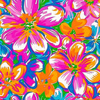 groovy hippie, retro floral, bright pink, vibrant orange, electric blue, lime green, white accents, psychedelic flowers, abstract blooms, 1960s style, mod pattern, tropical vibes,, fabric panel, colorful botanical, swirling petals, bohemian design, flower power, summer colors, artistic florals