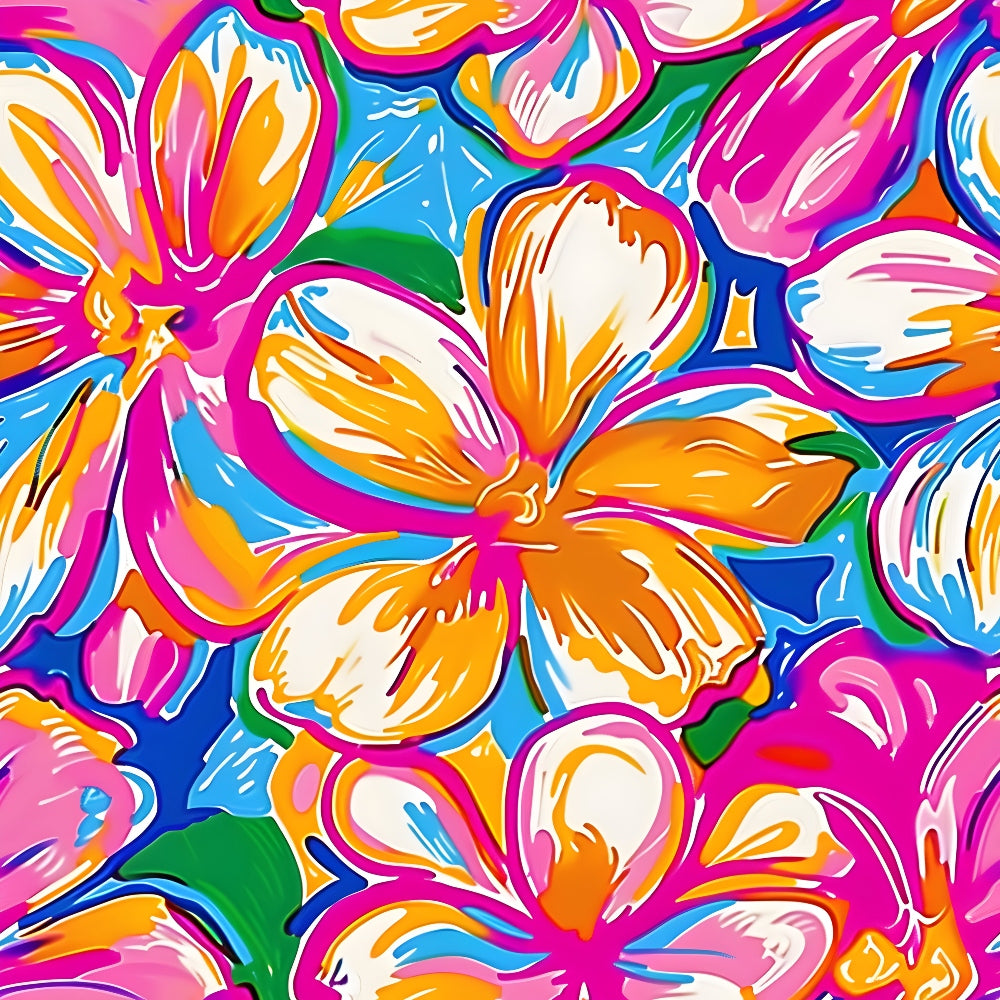 vibrant pink, bright orange, electric blue, lime green, white accents, tropical flowers, hibiscus blooms, plumeria petals, groovy pattern, psychedelic design, retro sixties, hippie aesthetic, flowing petals, overlapping florals, summer vibes, tropical paradise,, fabric panel, bohemian style, flower power