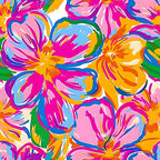 vibrant pink, bright orange, electric blue, lime green, tropical flowers, hibiscus blooms, floral pattern, psychedelic design, groovy style, retro seventies, hippie aesthetic, bold colors, abstract florals, summer vibes, cotton fabric, quilting panel, energetic mood, flower power, tropical paradise, artistic brushstrokes