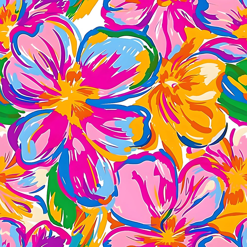 vibrant pink, bright orange, electric blue, lime green, tropical flowers, hibiscus blooms, floral pattern, psychedelic design, groovy style, retro seventies, hippie aesthetic, bold colors, abstract florals, summer vibes, cotton fabric, quilting panel, energetic mood, flower power, tropical paradise, artistic brushstrokes